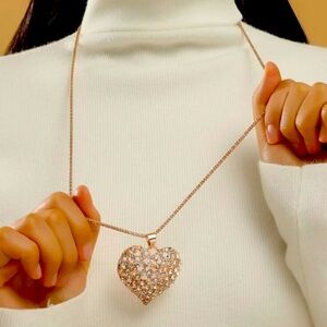 Rose Gold, White Rhinestone Hollow Heart Pendant, Long Sweater Chain Necklace
